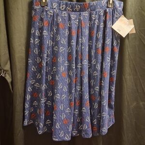LuLaRoe Blue Skirt with Red and White Umbrella Design